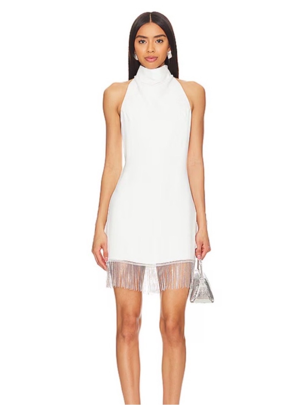 Amanda Uprichard x REVOLVE Alma Dress in Ivory High-Neck Fringe Hem Mini Dress